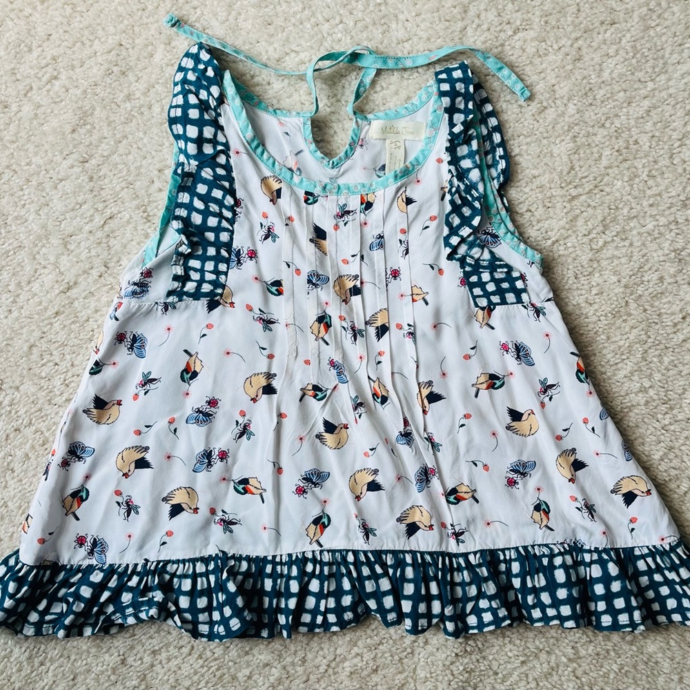 Matilda Jane White & Teal Bird-Print sleeveless tunic top.